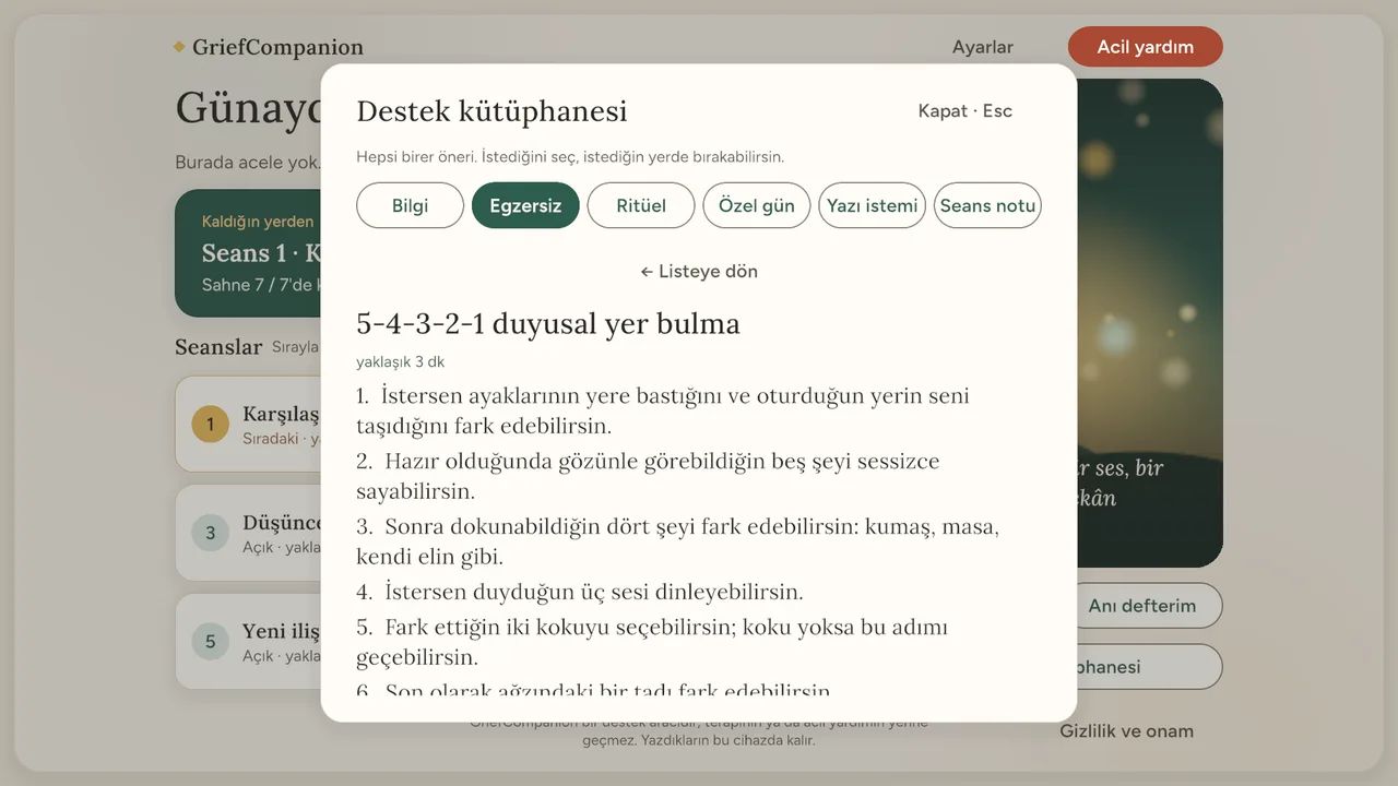 Destek kütüphanesi penceresi: Bilgi, Egzersiz ve Ritüel gibi sekmeler ile 5-4-3-2-1 duyusal yer bulma egzersizinin adımları.